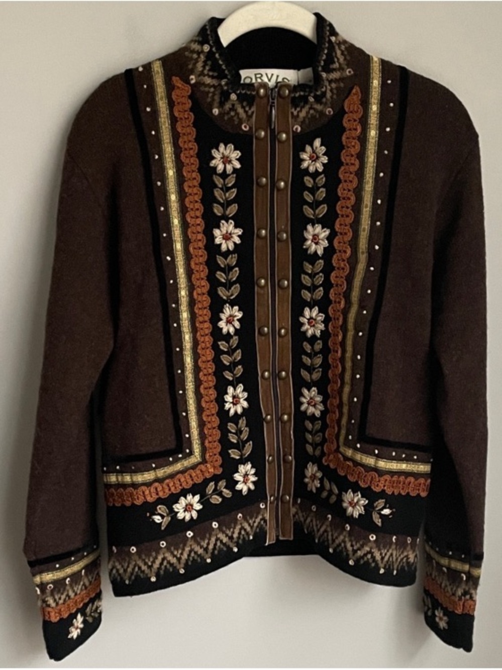 Orvis Scandinavian Embellished Brown Wool Full Zip Sweater Jacket Size Small